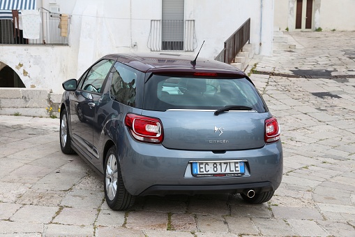 Citroen DS3 supermini car parked in Italy. There are 41 million motor vehicles registered in Italy.