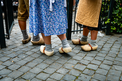 typical Dutch people Walking on wooden Shoes in the Netherlands