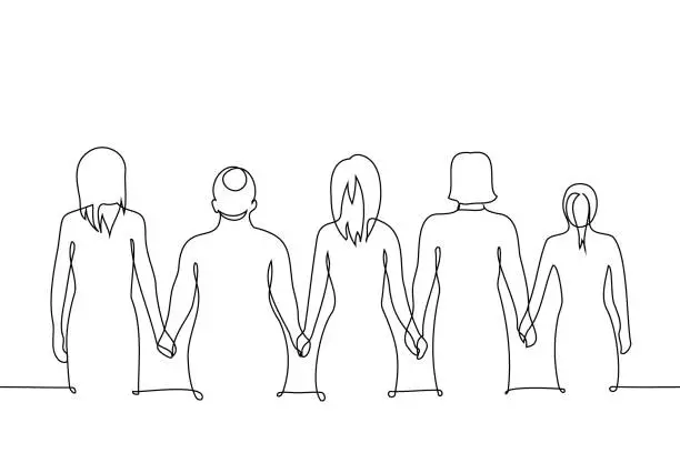 Vector illustration of women stand with their backs in a row holding hands - one line art vector. concept female community, body diversity, representation, solidarity