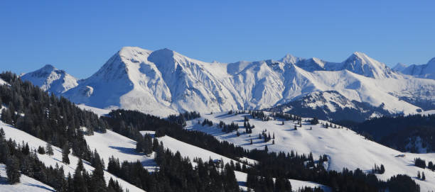 snow covered mountains. view from horneggli towards lenk. - wildstrubel imagens e fotografias de stock