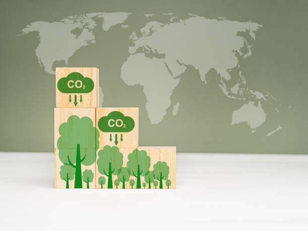 istock Wooden cubes with CO2 and green tree icons with the world map. Net-Zero Carbon Emissions by 2050 1695271027