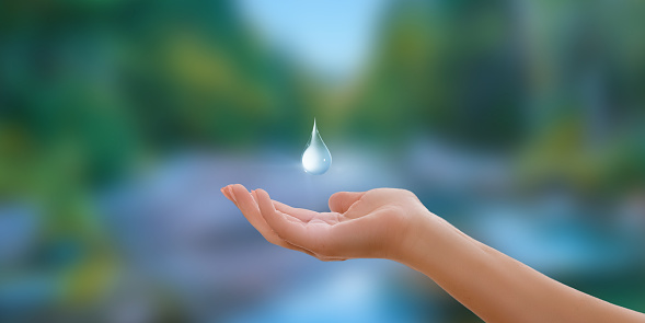 World Water Day, clean water, save water, and clean renewable energy concept with hands holding a drop of water.