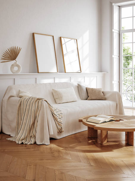 istock Cozy white living room interior, home mockup 1695289725