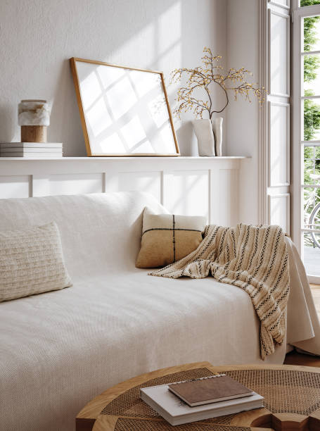 istock Cozy white living room interior, home mockup 1695289726