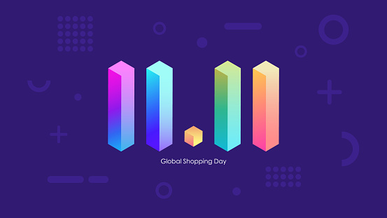 Global Shopping Day Banner. 11.11 bright commercial background for sale promotion, discount shopping and commerce advertising. Vector illustration.