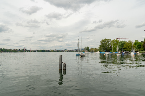 Zurich, Switzerland, May 9, 2023 Little boats at the coast of the lake of Zurich