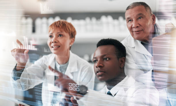 istock Scientist, team and digital overlay for laboratory research, data analytics or healthcare information in futuristic technology. Medical people in science, expert analysis and touch screen on software 1695298620