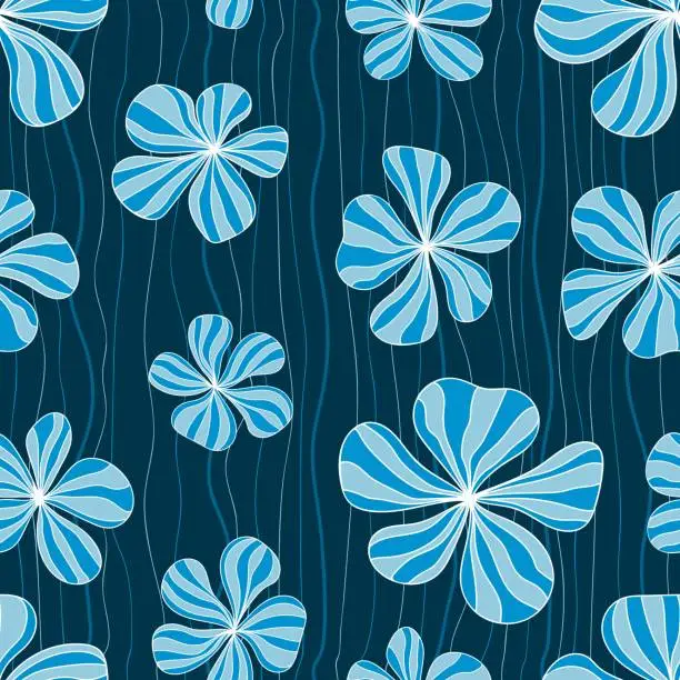 Vector illustration of Seamless pattern with monochrome hand drawn outline flowers in denim dreams colors. Trendy botanical floral print for fabric, textiles, wrapping paper