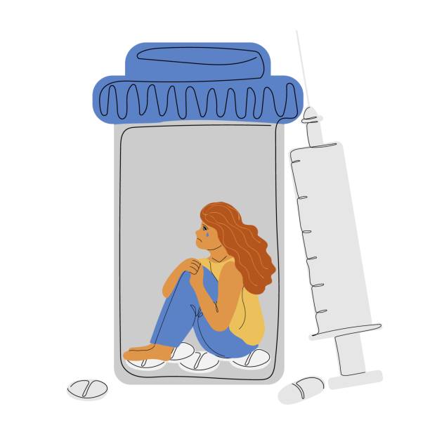 ilustrações, clipart, desenhos animados e ícones de mulher com depressão que combate a ansiedade com antidepressivos e medicamentos hormonais. seringas com drogas em humanos viciados em injeções psicotrópicas. - narcotic drug abuse cocaine heroin