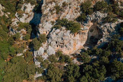 Aerial view of Myra rock tombs in Demre, Turkey