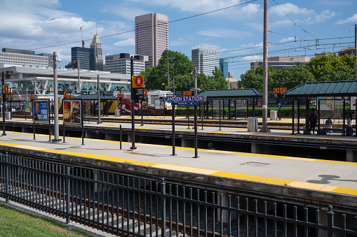 Baltimore, Maryland - September 20,2023: Camden Station, next to Oriole Park at Camden Yards with skyscrapers of Baltimore in background.