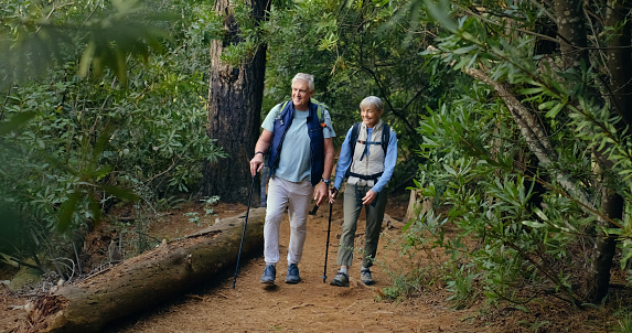Couple, senior and walking for fitness, wellness and health in forest with trekking stick and backpack. Nature, old people and hiking in woods for workout, cardio and training with peace and smile