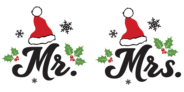 Christmas Mr and Mrs wedding vector illustration with cute Santa hat. Merry Christmas design isolated good for Xmas greetings cards, poster, print, sticker, invitations, baby t-shirt, mug, gifts.