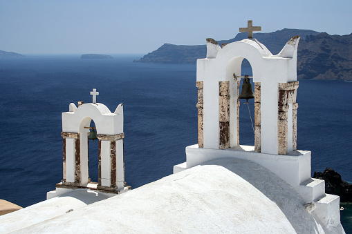 Bell tower of orthodox church, Oia, Santorini, Cyclades , Greece, Europe