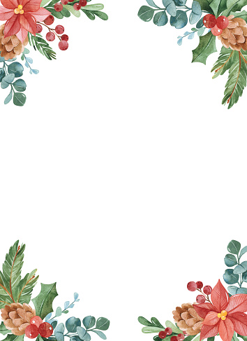 Watercolor Merry Christmas frame.Ready to use greeting card with branches,leaves,berries and poinsettia.Just add your text.Perfect for invitation,wedding,print,textile,holiday,Christmas party,greeting
