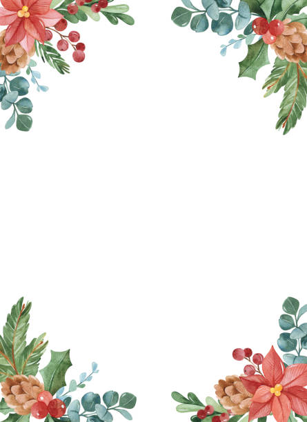 Watercolor Merry Christmas frame.Ready to use greeting card with branches,leaves,berries and poinsettia Watercolor Merry Christmas frame.Ready to use greeting card with branches,leaves,berries and poinsettia.Just add your text.Perfect for invitation,wedding,print,textile,holiday,Christmas party,greeting christmas stars stock illustrations