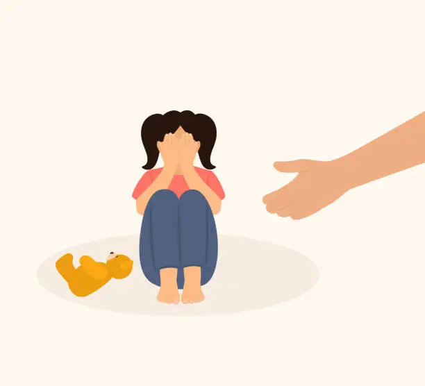 Vector illustration of Human Hand Helping Sad, Lonely Child. Little Girl Crying And Covering Her Face With Her Hands. Childhood Problems, Insecurity And Loneliness Concept
