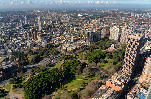 An elevated view of Sydney, looking out over Hyde Park and off towards Bondi.