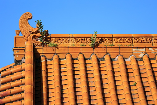 Chinese traditional architecture with red bricks and tiles