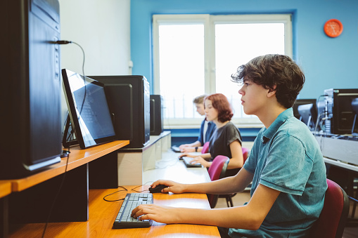 Side view of gen Z teenage high school students using computer durning programming lesson, sitting in the computer laboratory.