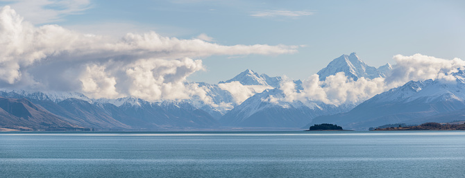 Panoramic of Mt Cook, the Southern Alps and Lake Pukaki on New Zealand's South Island.
