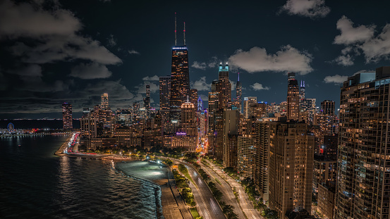 Aerial view of Chicago Gold Coast at night
