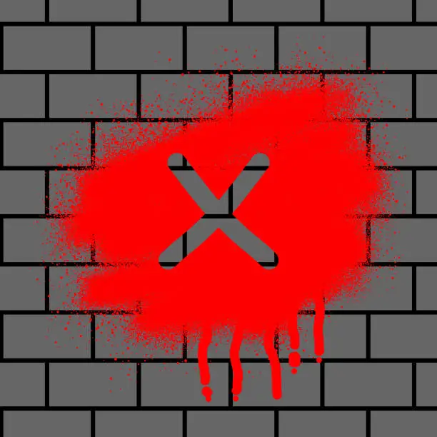 Vector illustration of cross mark graffiti with black spray paint on brick wall background