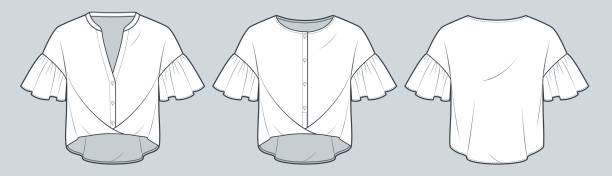 istock Frill Sleeve Shirt technical fashion Illustration. Blouse fashion flat technical drawing template, button-down, oversize, front and back view, white, women CAD mockup set. 1695427073