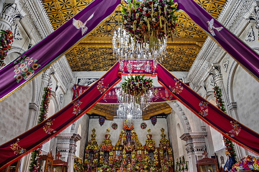 The interior of Iglesia de San Lorenzo decorated with flowers for San Lorenzo feast,  Zinacantan, Chiapas, Mexico