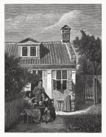 Figures in a Courtyard behind a House. Wood engraving after an oil painting (c. 1663/65) by Pieter de Hooch (Dutch painter, baptized 1629 - 1684) in the Rijksmuseum, Amsterdam, Netherlands, published in 1878,