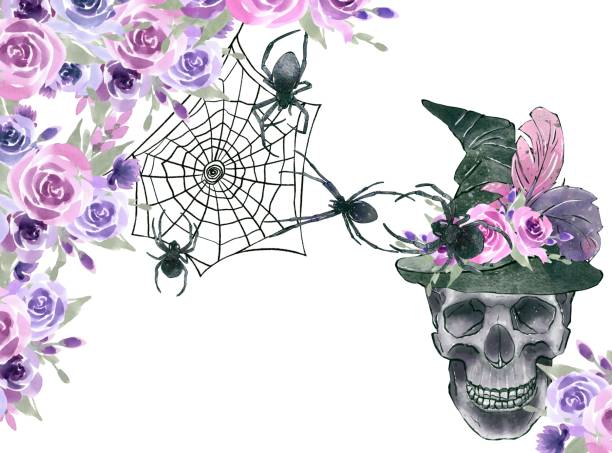 Watercolor Halloween template, vintage illustration. Collection of black and pink Halloween. Hand drawn illustration Watercolor Halloween template, vintage illustration. Collection of black and pink Halloween. Hand drawn illustration. spider on flower stock illustrations