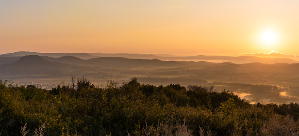 Panoramic picture of the Balaton Uplands with morning fog at sunrise