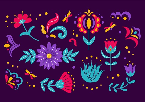 Cartoon Mexican or Slavic folk flowers set, colorful buds and leaves, design elements for Day of the Dead Dia de los Muertos or Cinco de Mayo Festival Floral design. Hispanic Heritage Month