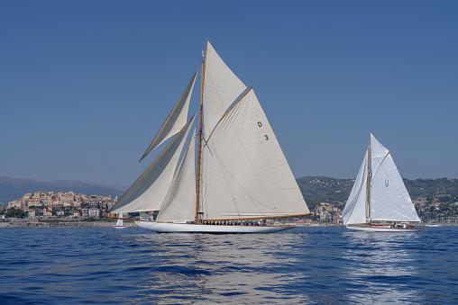 Imperia, Italy - September 10, 2023: Regatta of historical boats in the Gulf of Imperia, Italy