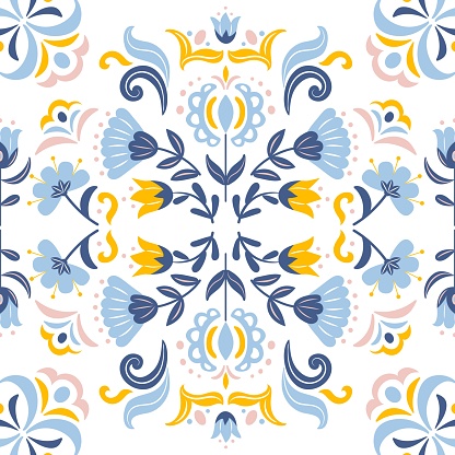 Seamless geometric ethnic pattern flowers in Scandinavian or Slavic style. Floral symmetrical vintage motif. For wallpaper, fabric, wrapping, background