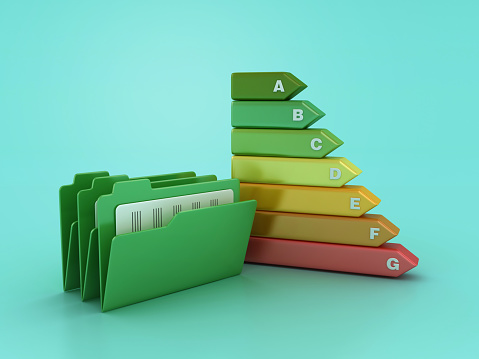 Computer Folders with Energy Efficiency Diagram - Color Background - 3D Rendering