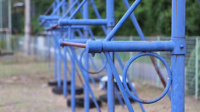 A playground equipment of the closed elementary school ground close up focusing
