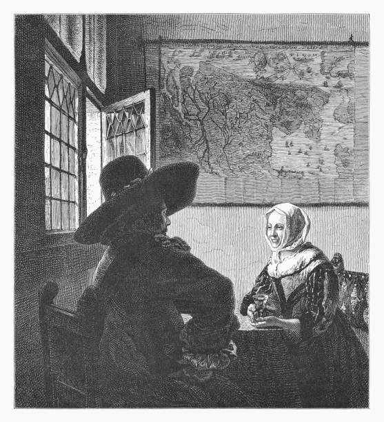 Officer and Laughing Girl, painted by Vermeer, woodcut, published 1878 Officer and Laughing Girl. Wood engraving after an oil painting (c. 1657) by Johannes (Jan) Vermeer (Dutch painter, 1632 - 1675) in The Frick Collection, New York City, USA, published in 1878, drawing of the man seducing woman stock illustrations