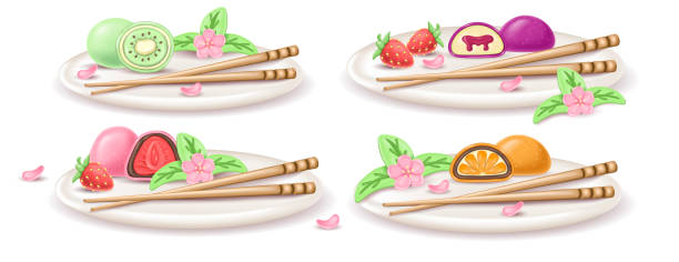 set aus realistischen 3d-tellern mit japanischem mehrfarbigem dessert daifuku mochi mit erdbeere, orange und kiwi. ein ganzer und ein halber kuchen in reisteig. servierplatte mit sakuri-blüten und hashi - chopsticks nobody red white background stock-grafiken, -clipart, -cartoons und -symbole