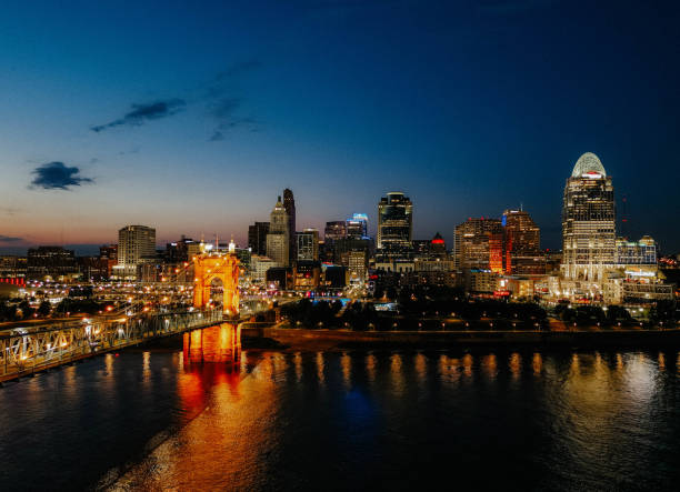 Cincinnati Skyline at night with the Roebling Bridge lit up