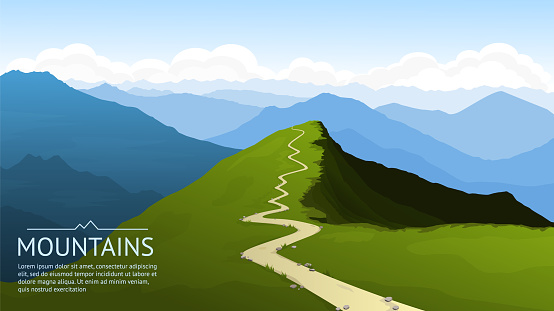 Mountain landscape. The path leading up to the top. A panoramic view of the mountains opens from the top of the rock. Warm summer sunny day. Vector illustration.
