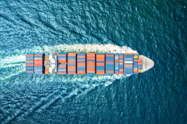 istock Top viewContainer ship loading and unloading in sea port, Aerial view of business logistic import and export freight transportation by container ship in harbor, Container loading Cargo freight ship, Dubai 1695516443
