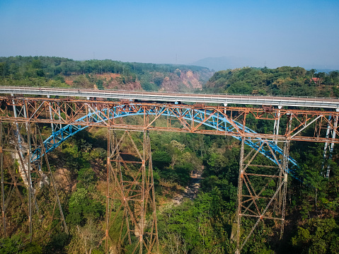 Drone view of Cisomang Railway bridge construction of Purwakarta. The highest railway bridge of Indonesia.