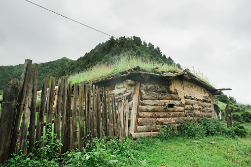 Wooden house with grass on roof in Gannan, China