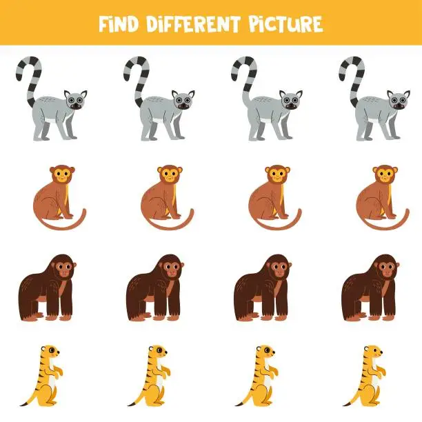 Vector illustration of Find different African animal in each row. Logical game for preschool kids.