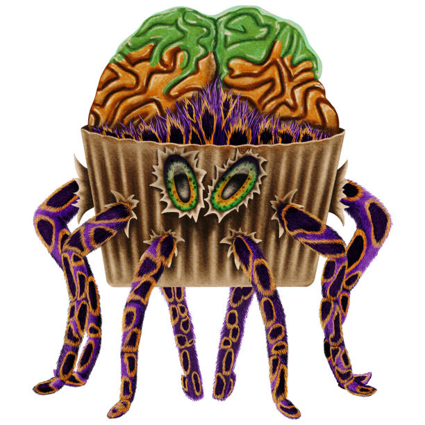 istock Halloween cupcake purple spider with orange circles and green eyes and brain 1695532612