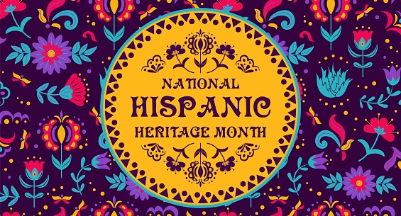 Hispanic Heritage Month. Mexican folk flowers elements, colorful buds and leaves, Cinco de Mayo festival floral design. Template for banner, flyer, card, poster
