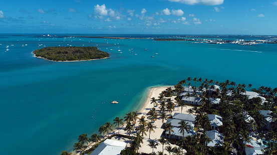 Panorama landscape of scenic island at Key West Florida Keys USA. Tropical skyline. Travel destination.  Turquoise bay water.