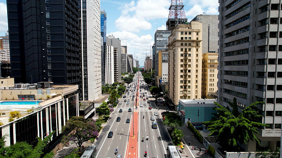 Paulista avenue at downtown Sao Paulo Brazil. Stunning landscape of tourism landmark avenue of city. Urban aerials. Aerial cityscape of famous Paulista avenue at downtown Sao Paulo Brazil.