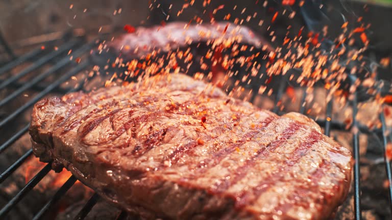 SLO MO Spice mix falling onto a steak on the grill